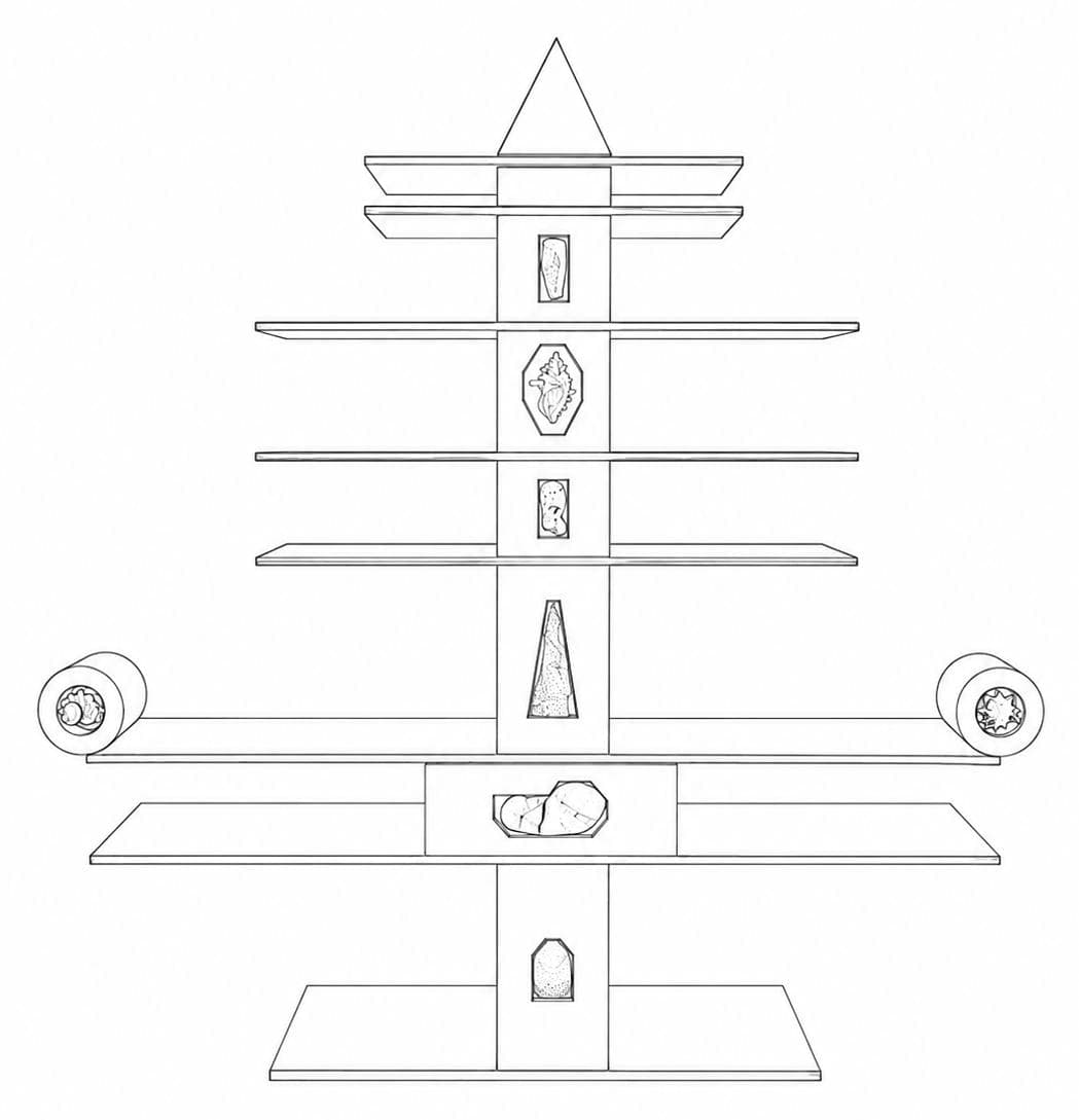 Line drawing: a symmetrical étagère seen head-on — a triangular finial over stacked shelves, rock fragments set into small windows down the central column, a wheel on a spindle at each end of a long crossbar, standing on a flat plinth