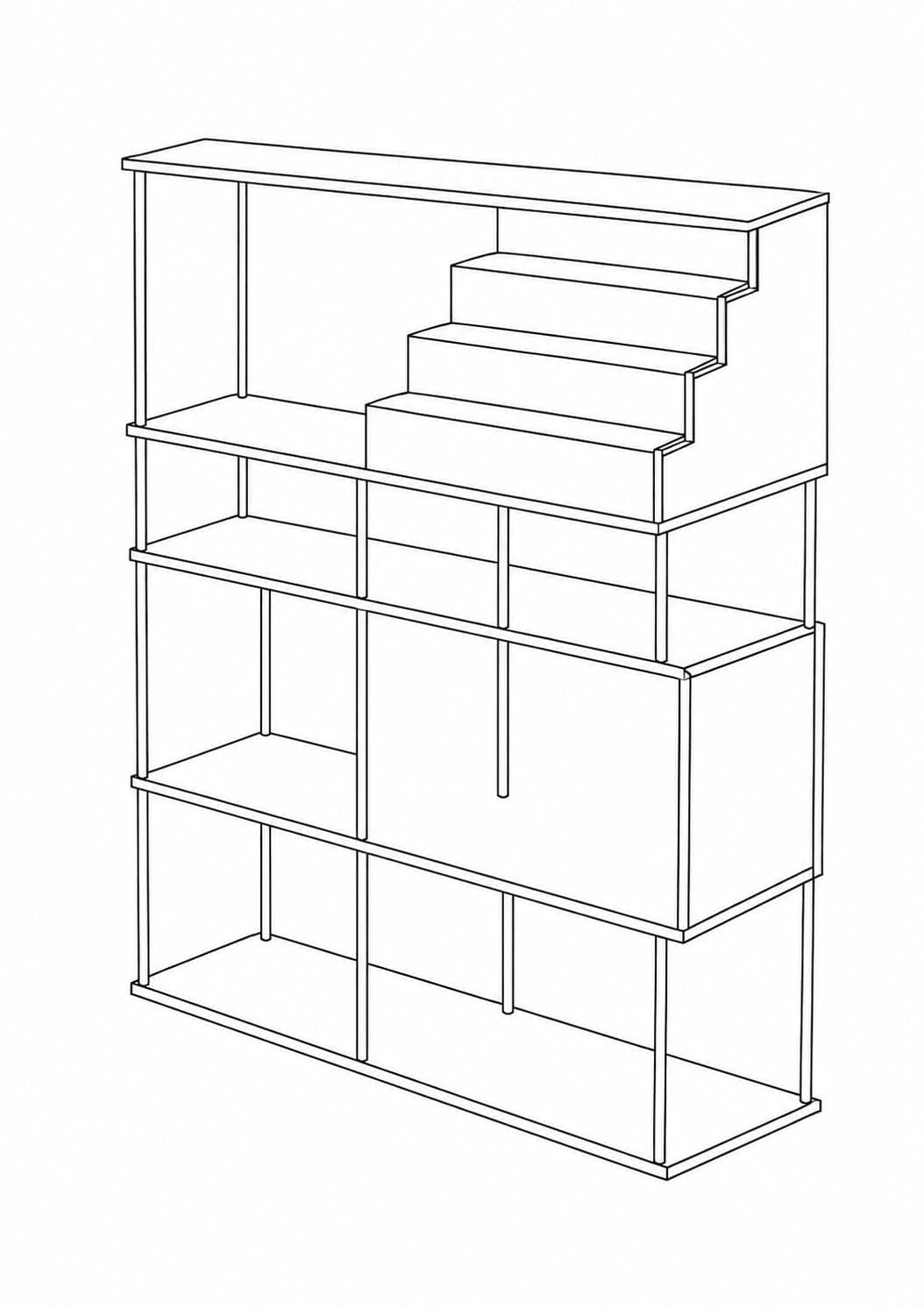 Line drawing: an open shelving unit in three-quarter view with a flight of steps rising across the top of it