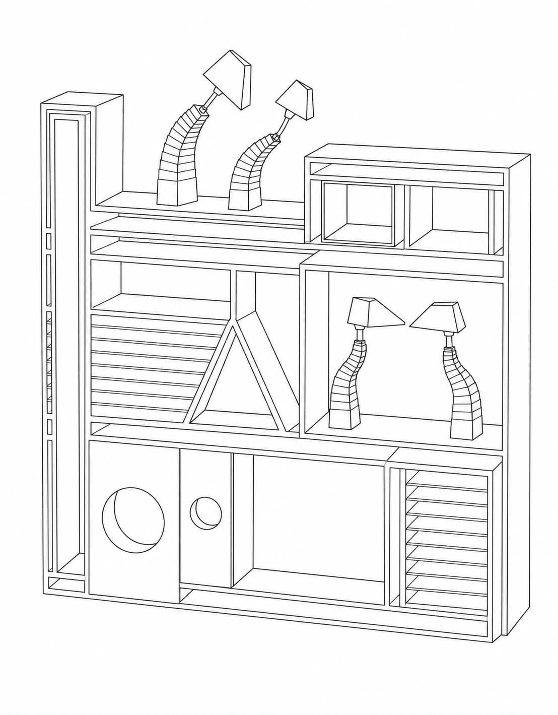 Line drawing: a tall open shelving system in three-quarter view — a narrow slotted column down the left edge, two arch-necked lamps standing on the top shelf, an open cube unit at the upper right, a bank of horizontal slats and a triangular A-frame divider across the middle, two further lamps in a right-hand cubby, and cabinets with round portholes along the bottom