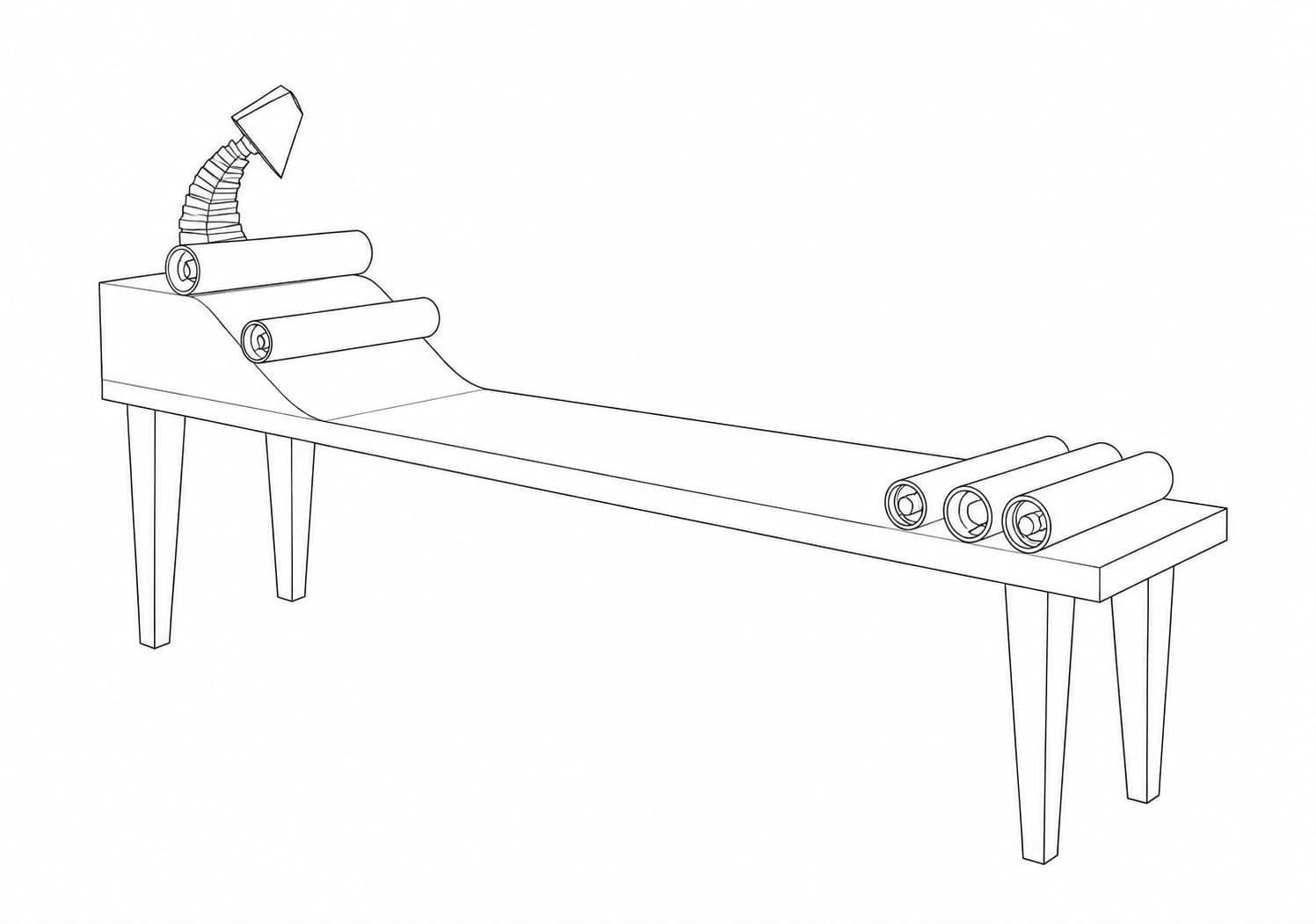 Line drawing: a long low bench on tapered legs, rolled cylinders gathered at each end and an arch-necked lamp standing on the near one