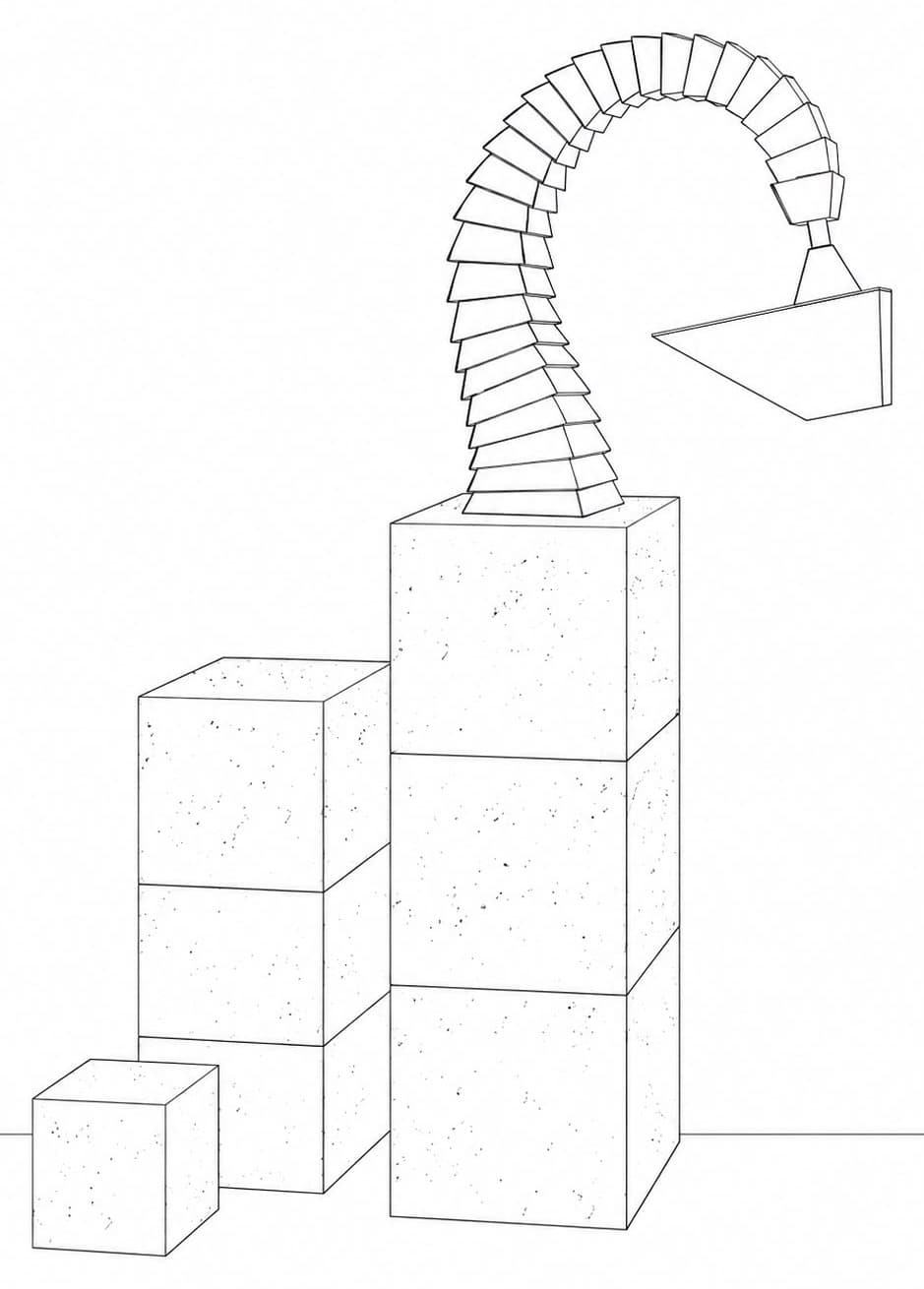 Line drawing: a lamp whose neck of stacked tapering segments arches over from a plinth of three speckled stone blocks to a flat angular shade, with two shorter stacks of the same blocks stepping down beside it