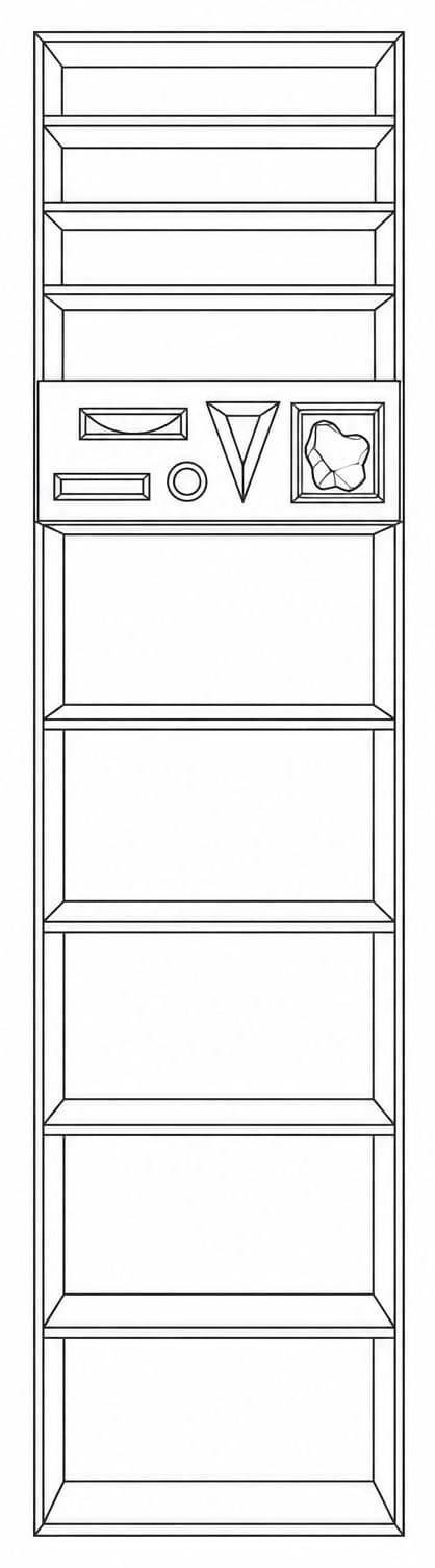Line drawing: a tall narrow bookcase seen head-on — four shallow shelves at the top, then a projecting band holding a tray, a small disc, an inverted cone and a rock fragment set in a square frame, then five deeper open shelves down to the floor