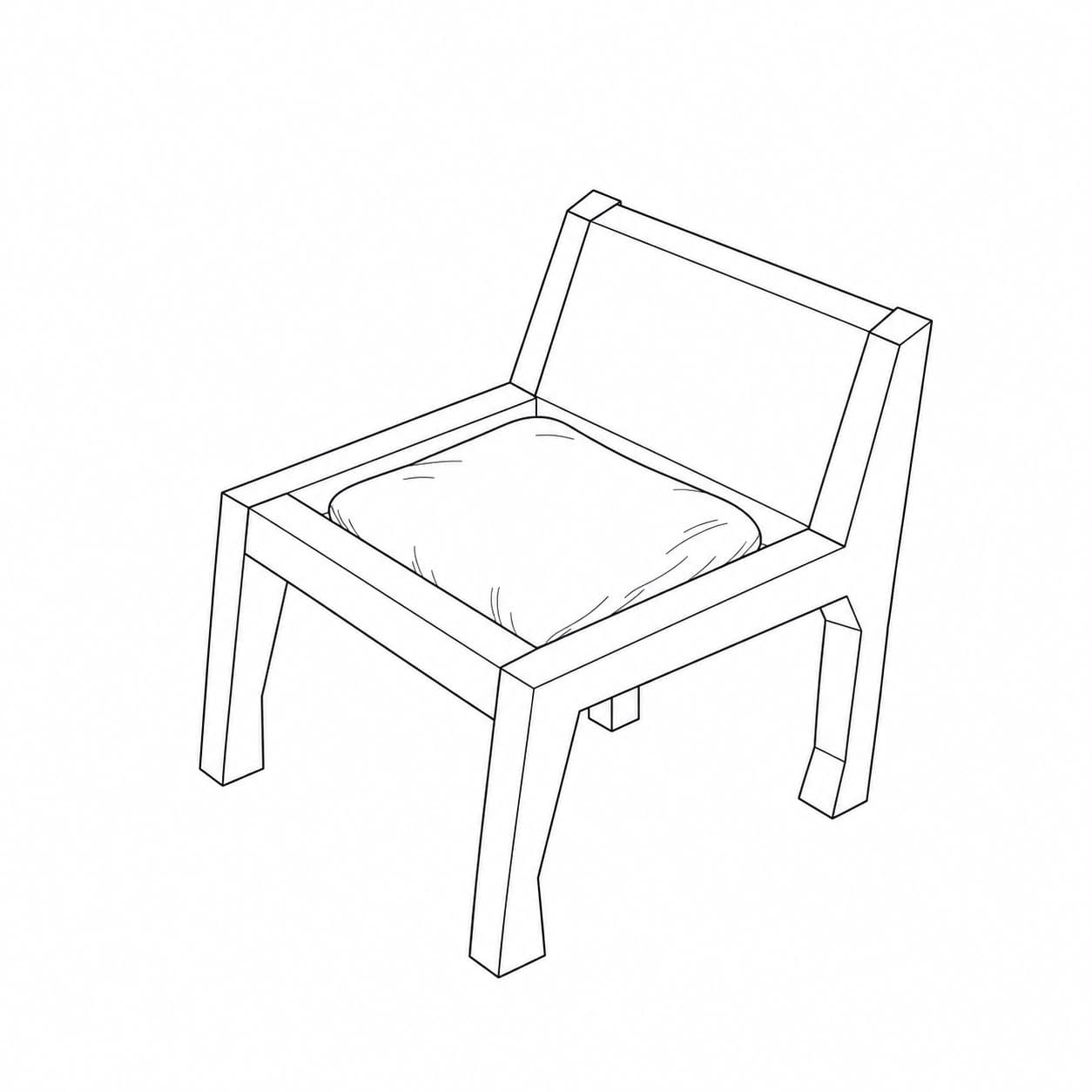 Line drawing: a low lounge chair in three-quarter view — a plain slab back and a square seat frame on four thick tapered legs, with a soft cushion sitting loose in the seat