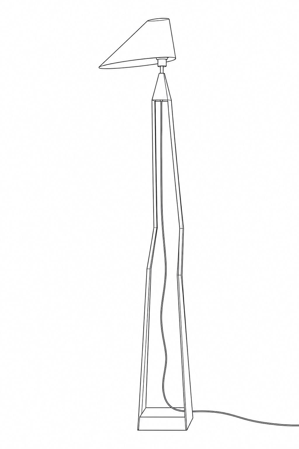 Line drawing: a tall floor lamp — a slender tapering column standing on a low plinth, carrying a wide conical shade tilted over at the top, with a cable trailing away across the floor