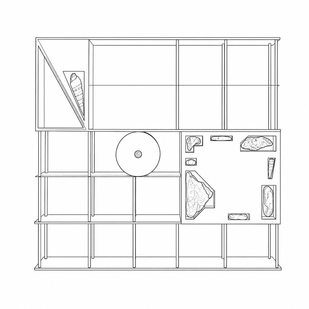 Line drawing: a wide open shelving grid seen face-on, a large disc set into one bay and rock and shell fragments displayed in the compartments along its right-hand side