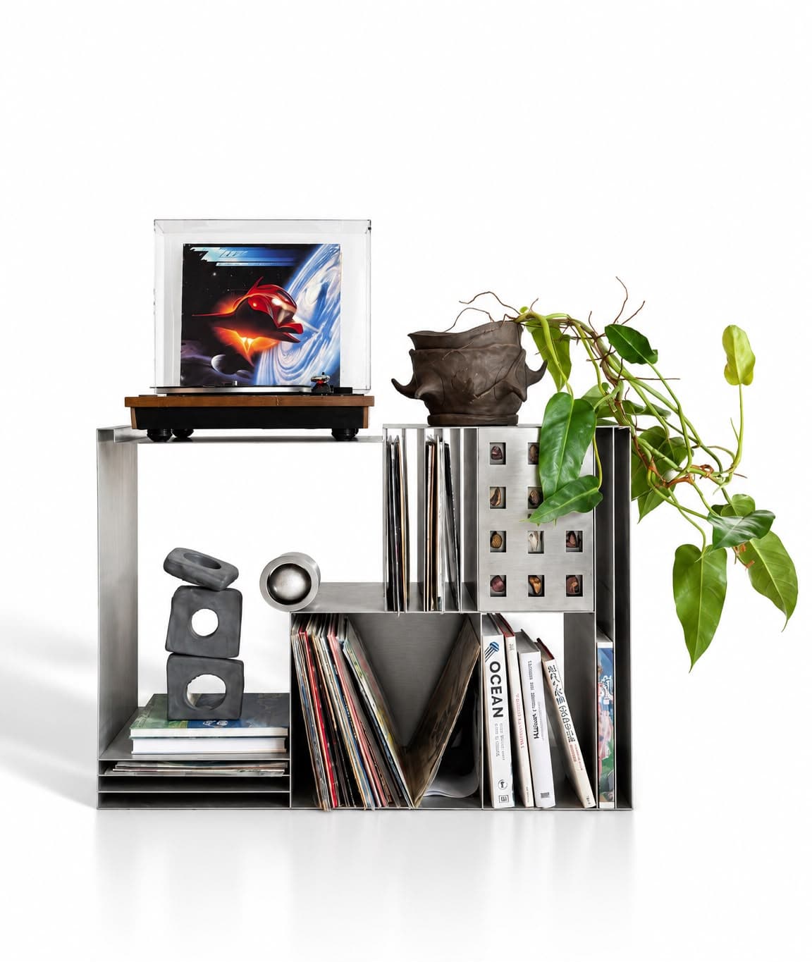 The same unit in use, holding records, art books, a trailing plant in a dark vessel and a framed picture standing on its top surface