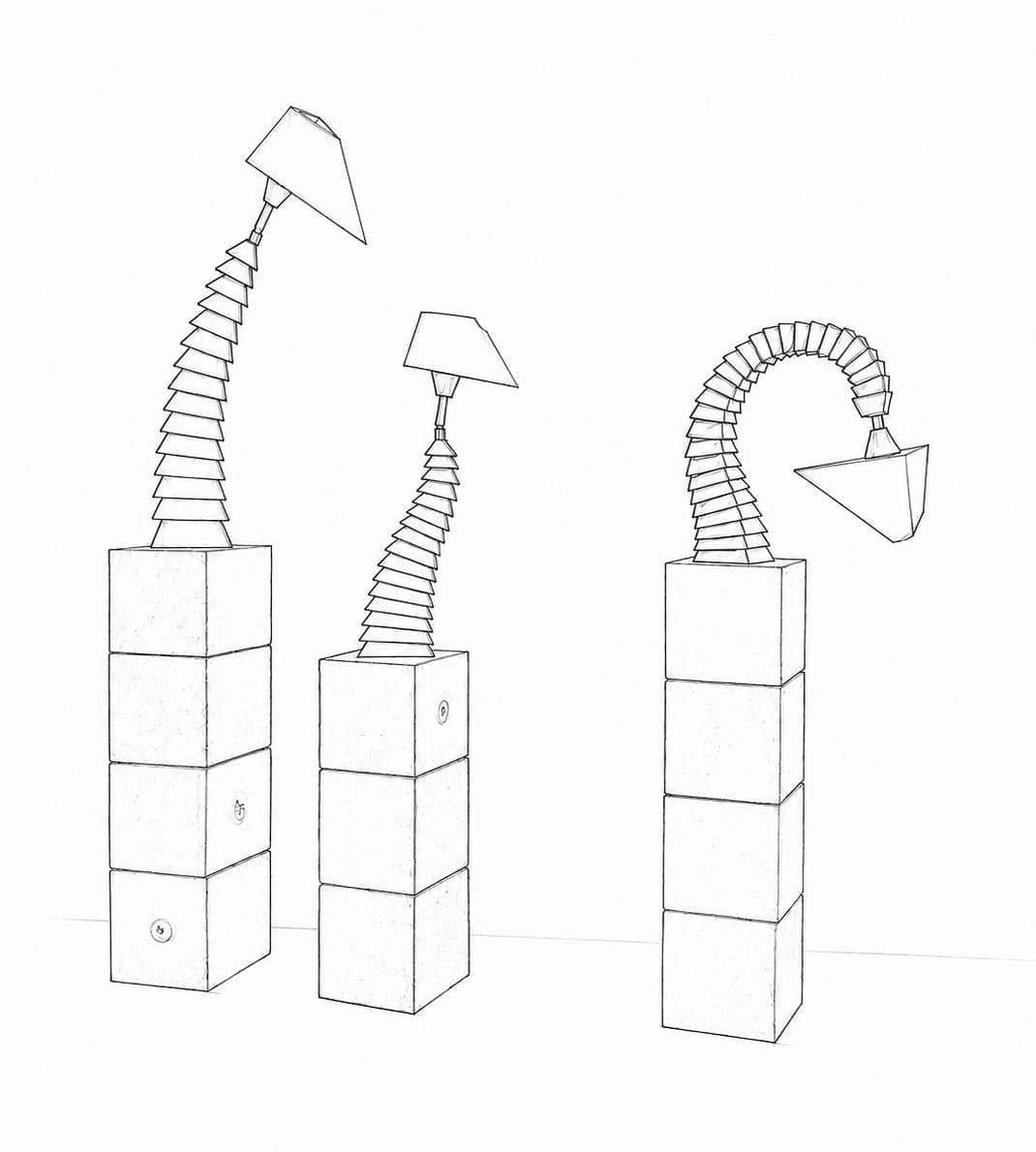 Line drawing: three lamps standing at different heights on plinths of stacked blocks — two with segmented necks arching over, one rising straight to a conical shade