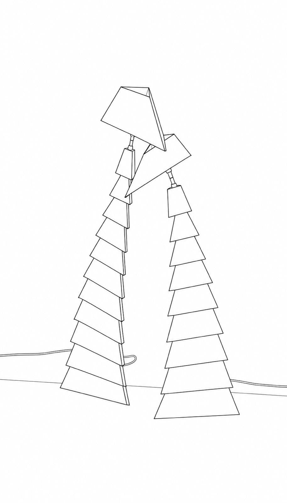 Line drawing: two tapering towers of stacked segments, each carrying a wide angular shade, with a cable trailing across the floor behind them