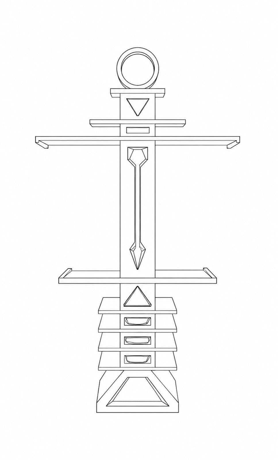 Line drawing: a symmetrical totem seen head-on — an open ring at the top, then shelves, trays and a long spike down a central column, on a splayed base