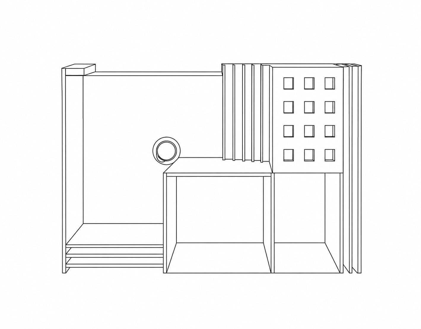 Line drawing: a low wide carcass in three-quarter view — an open bay with a slatted floor on the left, a porthole ring set into its back panel, and a bank of small square compartments behind fluted doors on the right
