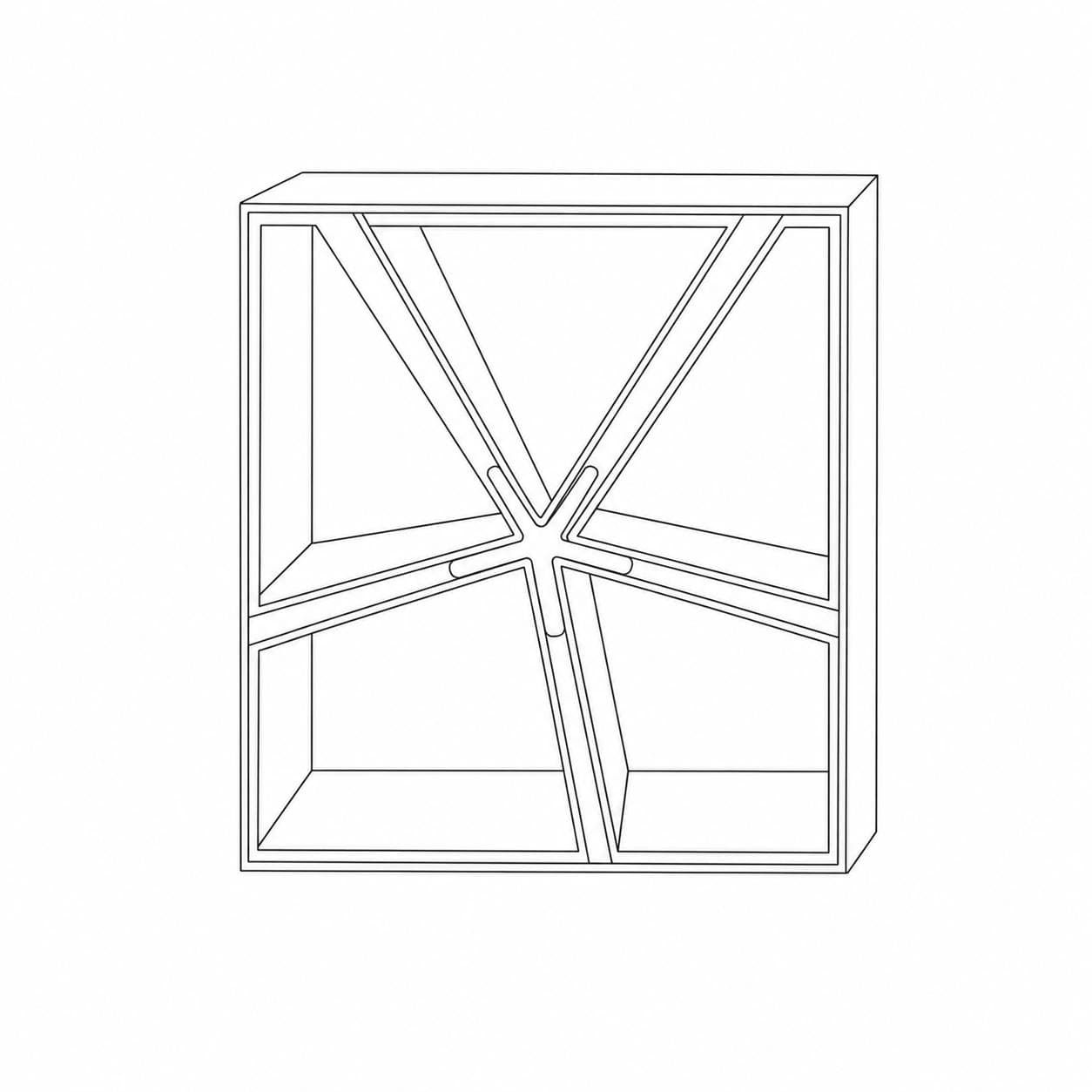 Line drawing: a square open cabinet whose bays are divided by braces radiating from a single off-centre point, like the spokes of a wheel