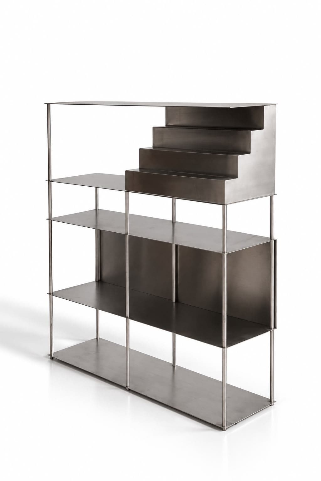 A steel shelving unit on slender uprights, its upper right filled by a form of four descending steps, with darkened panels enclosing the middle bays