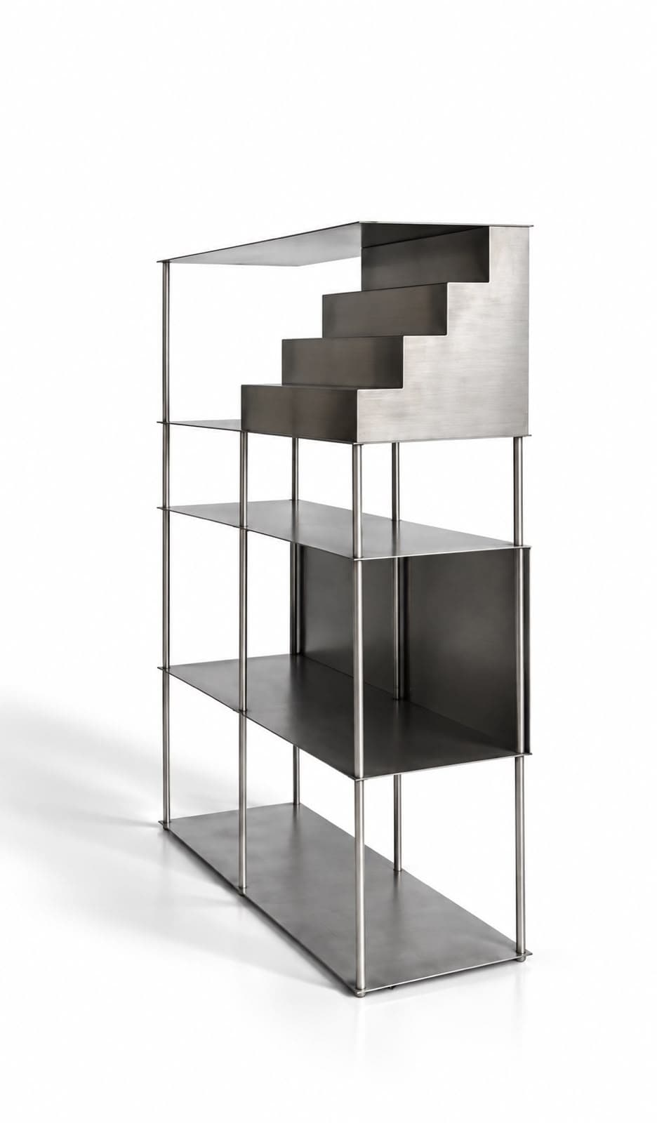 The same shelving unit from the side, the stepped form reading as a staircase against the blackened rear panels