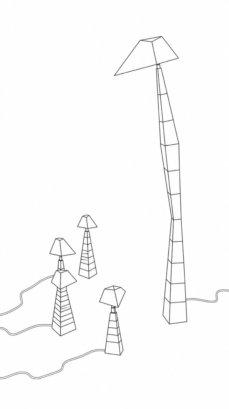 Line drawing: a tall leaning lamp of stacked tapering segments under a wide shade, with four smaller lamps of the same family standing at its foot and cables trailing away