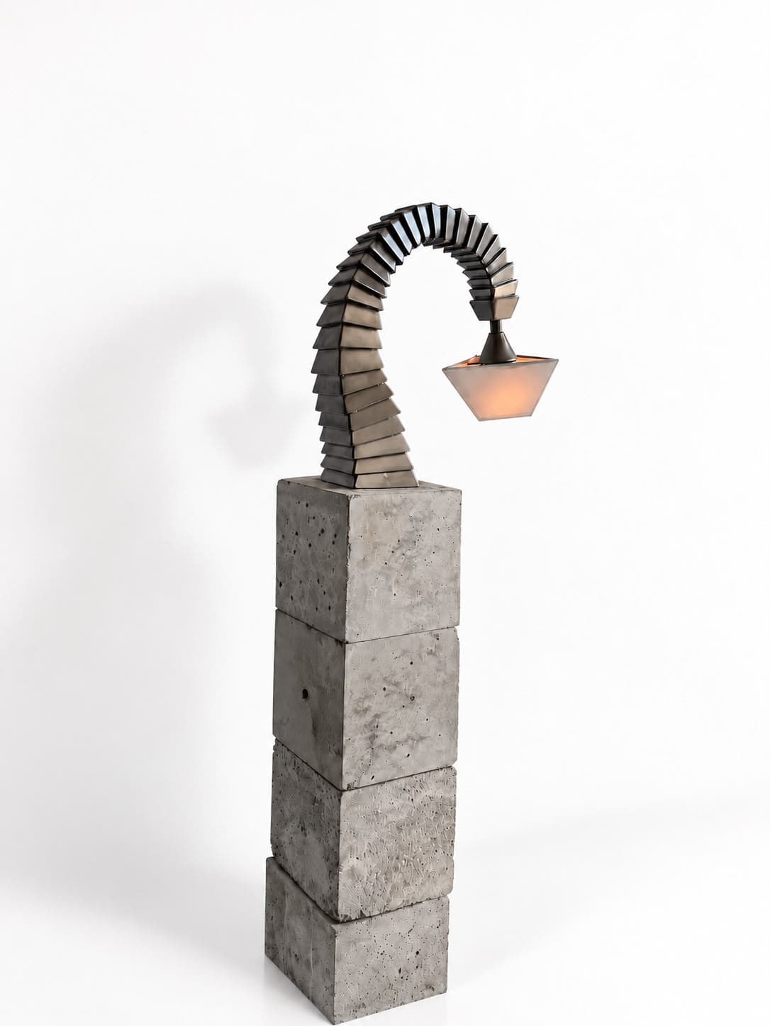 The same lamp from three-quarters, two faces of the concrete column in view and the plates of the neck fanning open along the outside of the curve