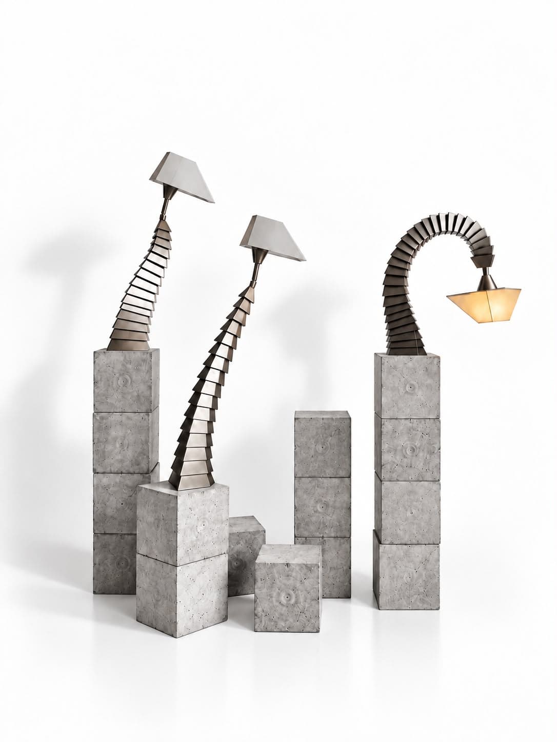 Three lamps standing on columns of stacked concrete blocks: at the left a neck of overlapping steel plates rises and arches over under a wide angular shade, in the middle a longer neck of the same plates sweeps up from a lower column, and at the right a neck curls right over on itself so its warm-lit shade hangs face down; loose concrete blocks are stacked and scattered between them