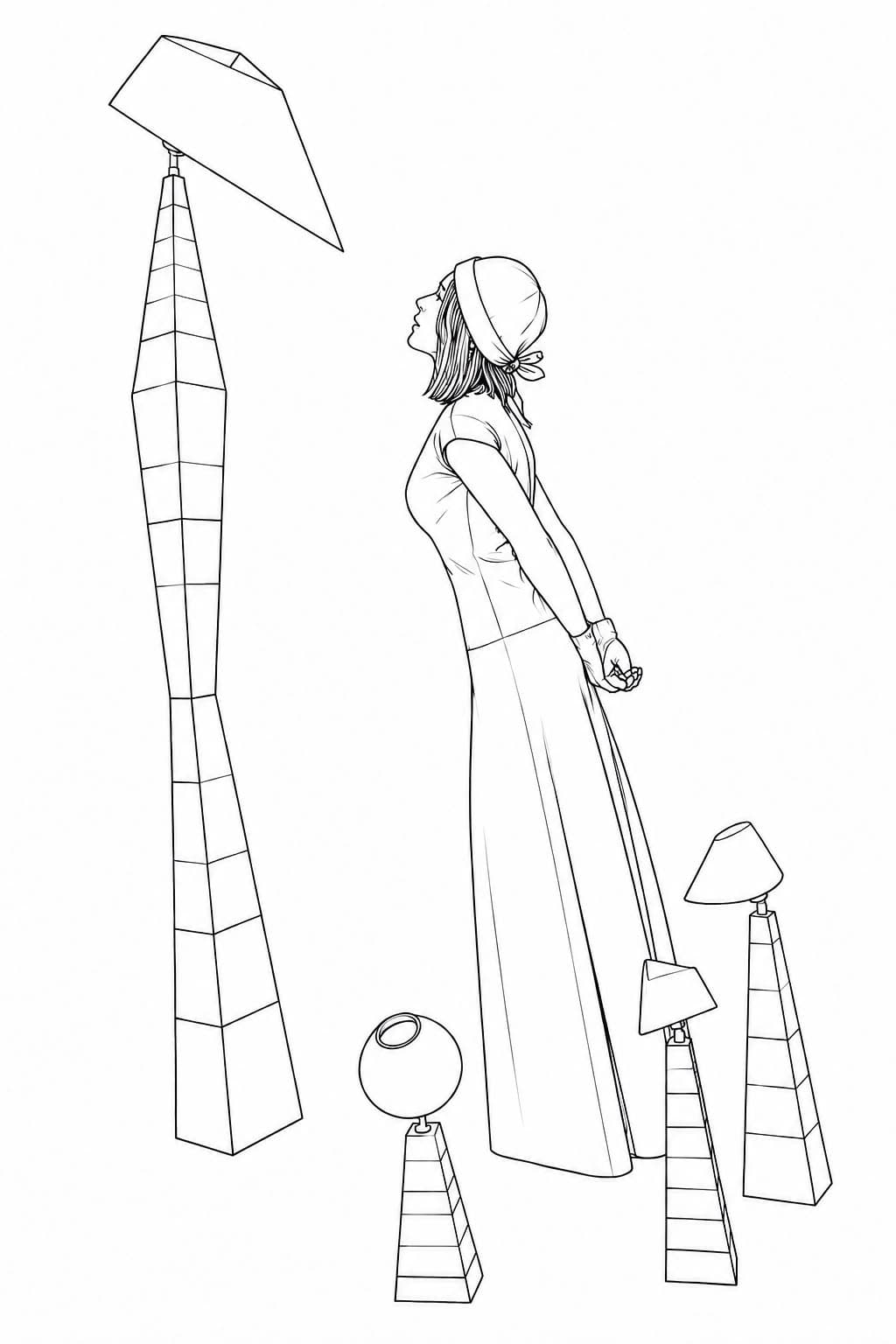 Line drawing: the artist standing in profile, chin raised, hands clasped behind her in a long dress and a close-fitting cap, among four of her lamp totems — a tall leaning stack of tapering blocks carrying a wide angular shade above her, and three shorter ones at her feet