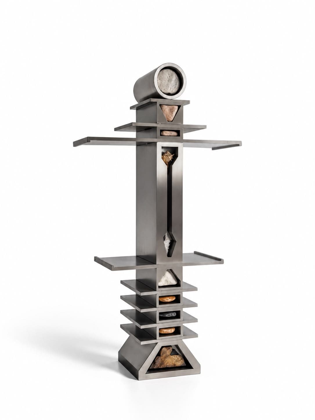 The same totem from three-quarters, the shelf arms foreshortened and the stacked trays of the base reading as a flight of steps